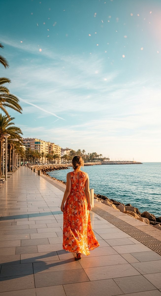 a woman in a maxi dress walking along a Spanish waterfront as an outfit idea for Spain
