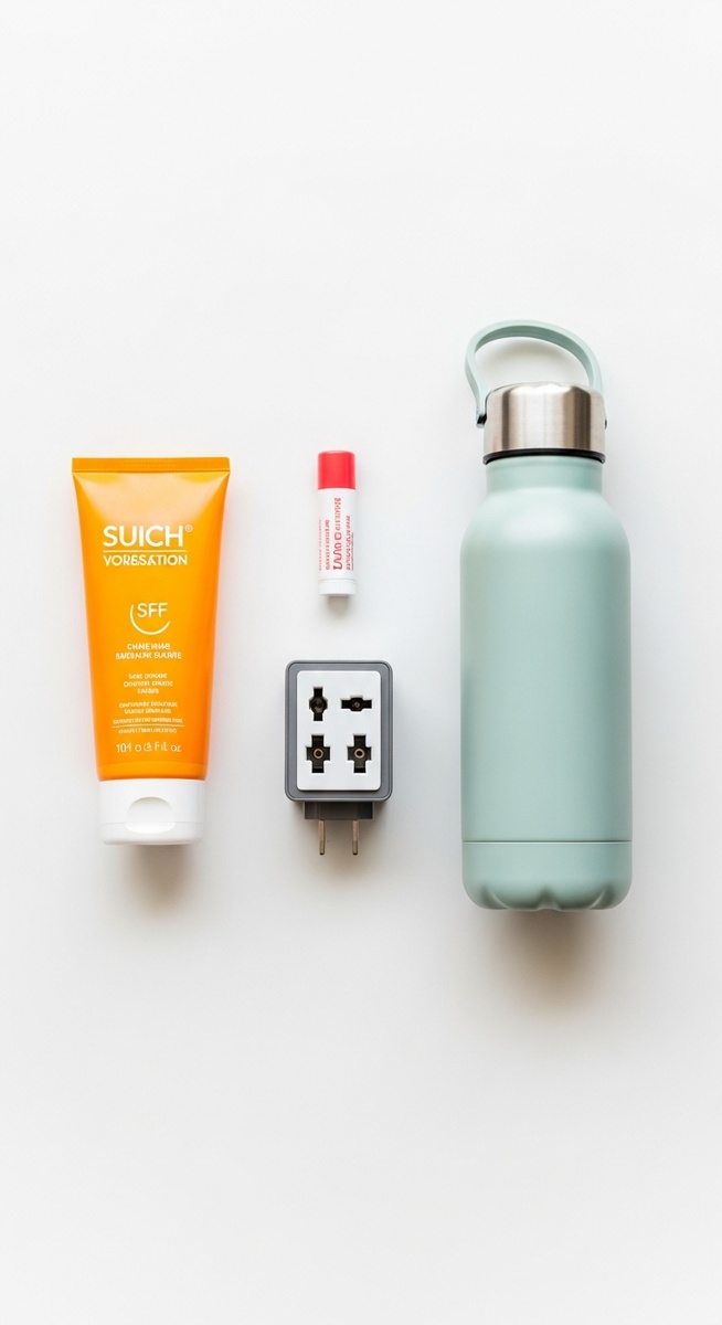 travel essentials for Spain including sunscreen and a water bottle