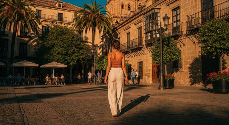 a woman in a summer outfit walking through a sunny Spanish plaza as an outfit idea for Spain