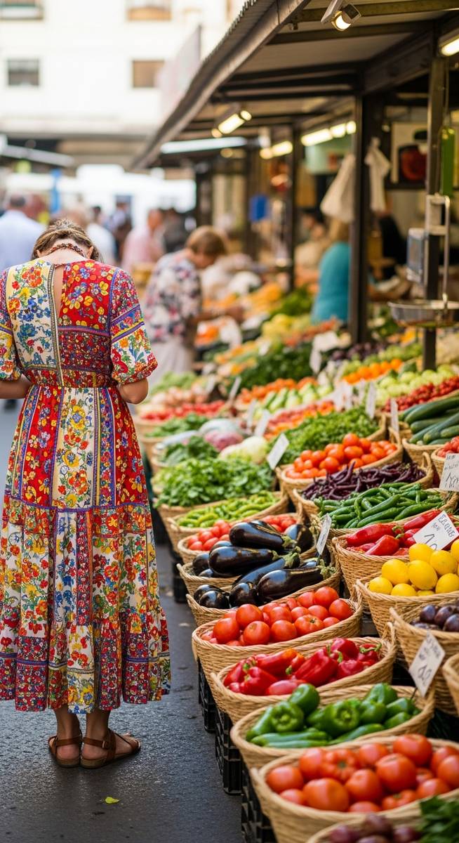 a woman in a summer dress at a Spanish market as an outfit idea for Spain
