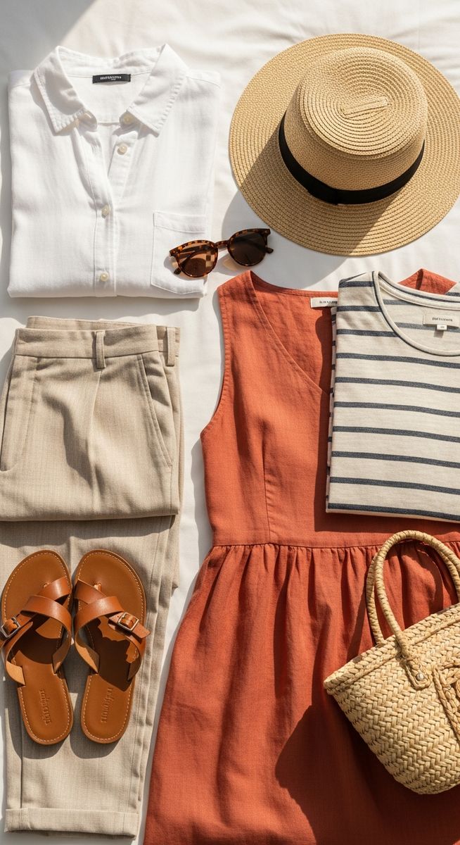 a Spain travel capsule wardrobe flatlay on a white bed