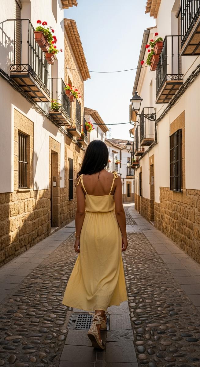 a woman in a sundress walking through a Spanish old-town street as an outfit idea for Barcelona