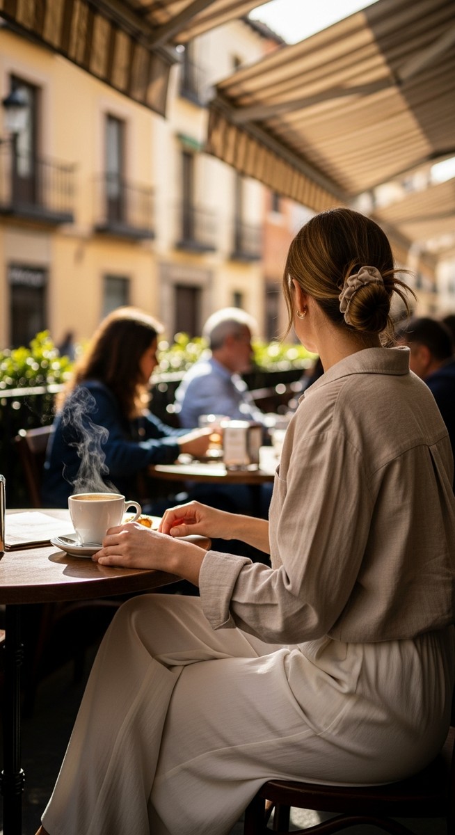 a woman in a linen shirt at an outdoor Spanish cafe as an outfit idea for Barcelona