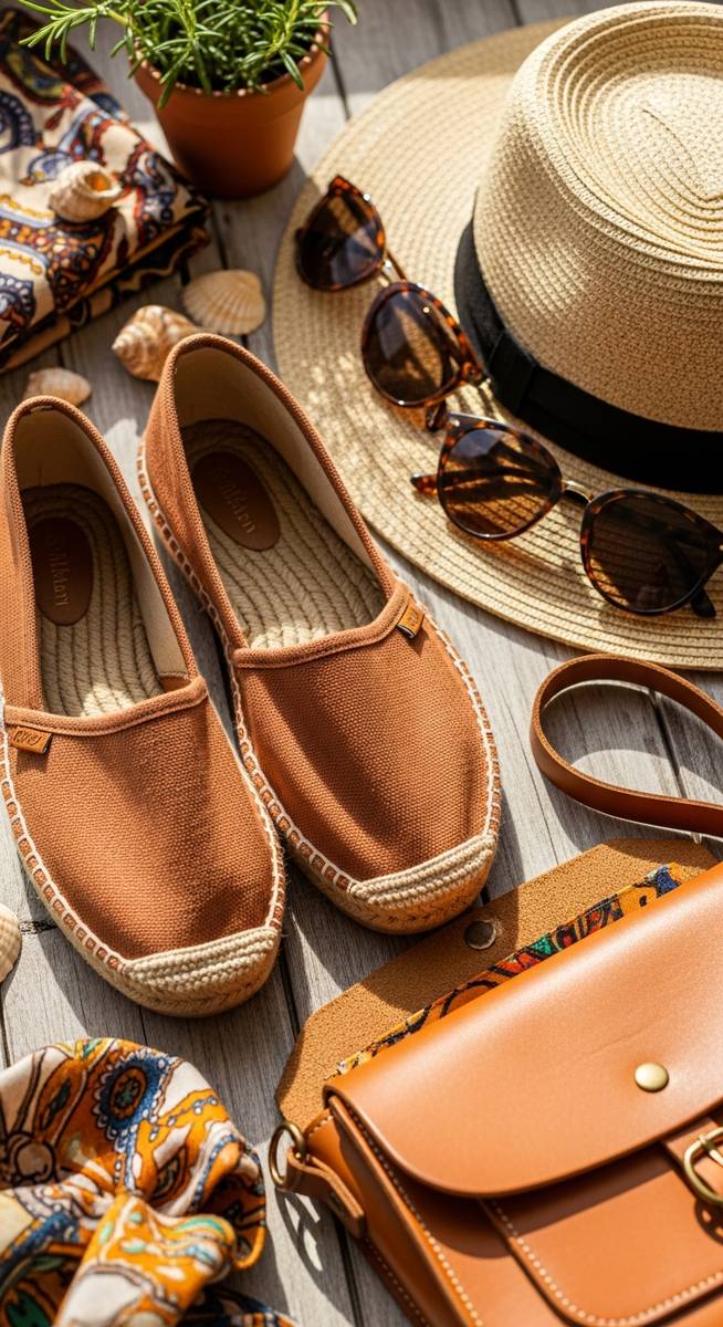 Spanish-style travel accessories including espadrilles and a straw hat