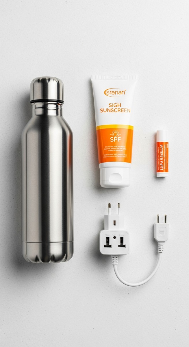 travel essentials for Spain including sunscreen and a water bottle