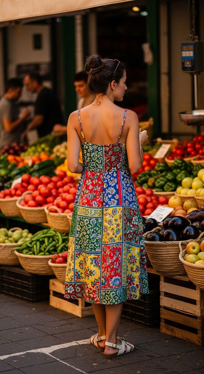 a woman in a summer dress at a Spanish market as an outfit idea for Barcelona