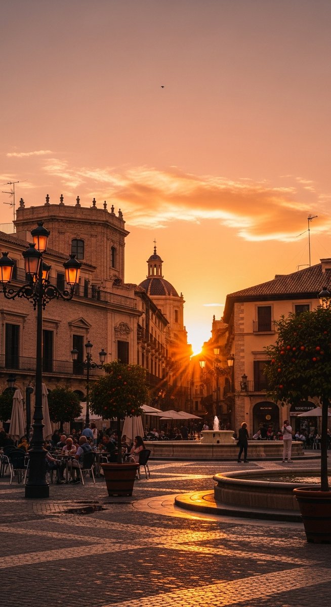 a Valencia plaza at golden hour