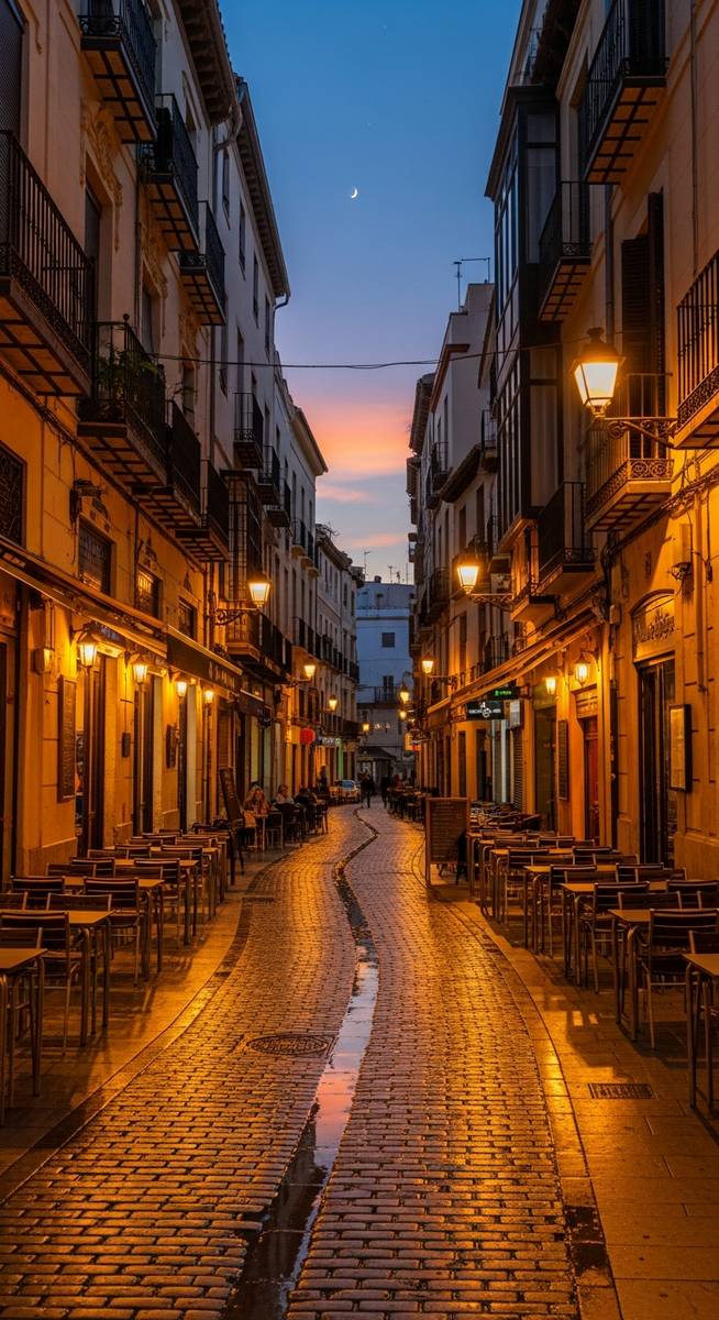 a winding Valencia street at dusk