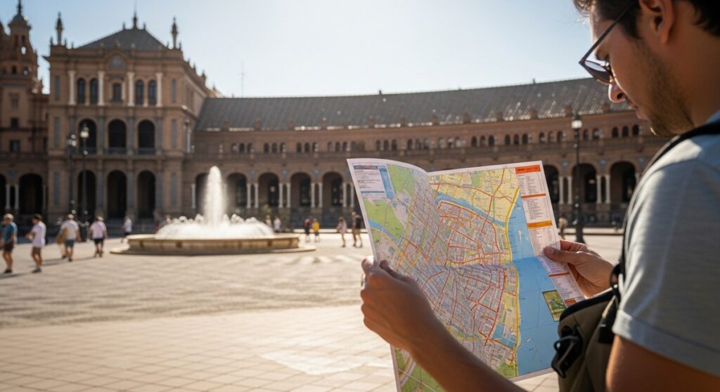 a traveller looking at a map in a sunny Spanish plaza in Barcelona