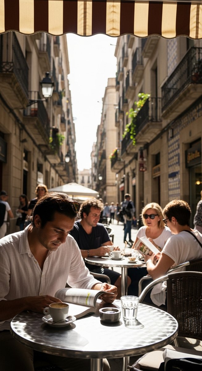 a person at an outdoor cafe in Barcelona with a guidebook