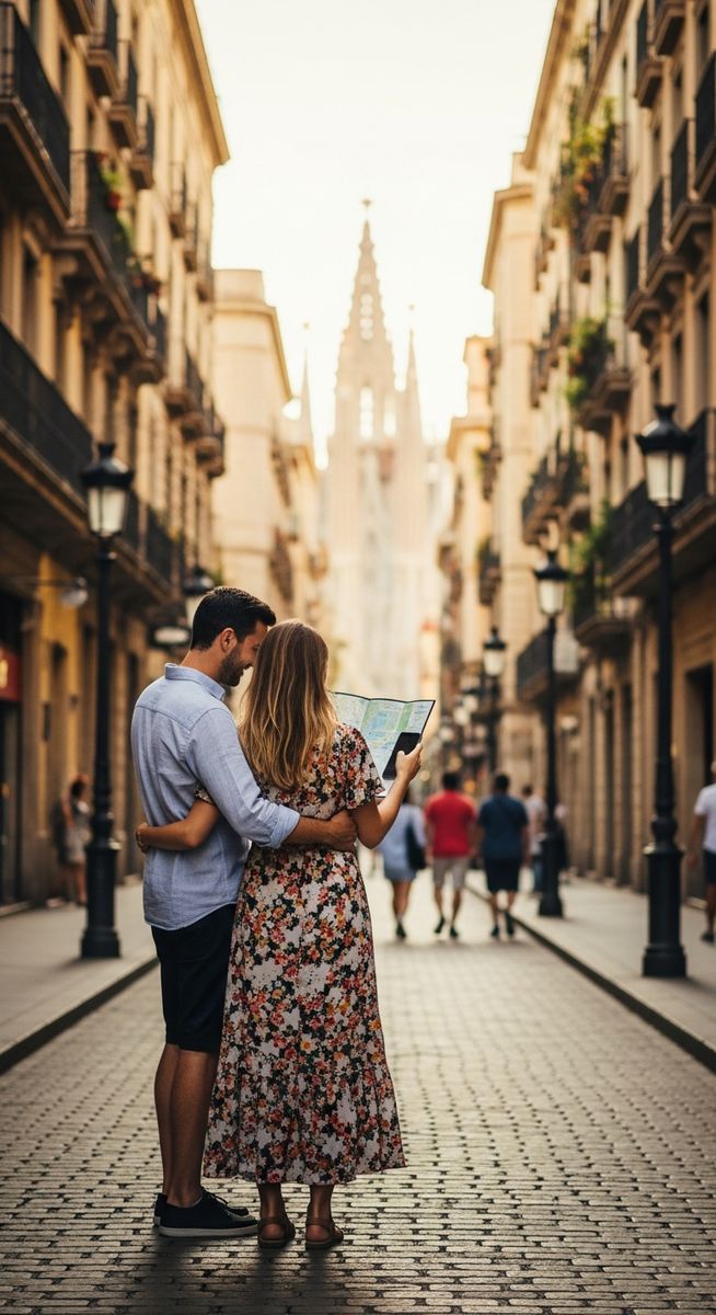 a couple looking at a map together in Barcelona