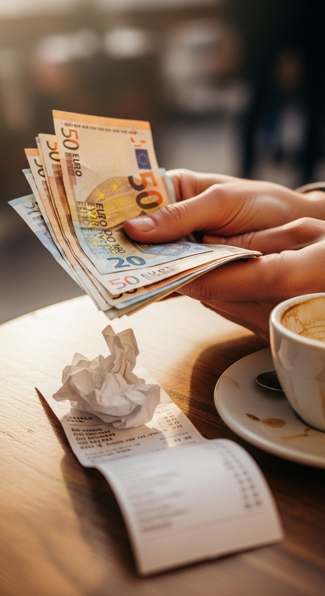 hands holding euro notes next to a cafe receipt in Barcelona