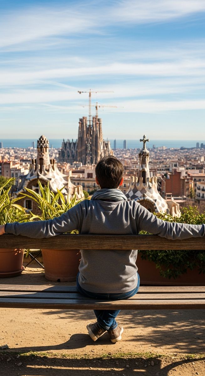 a traveller sitting on a bench in Barcelona