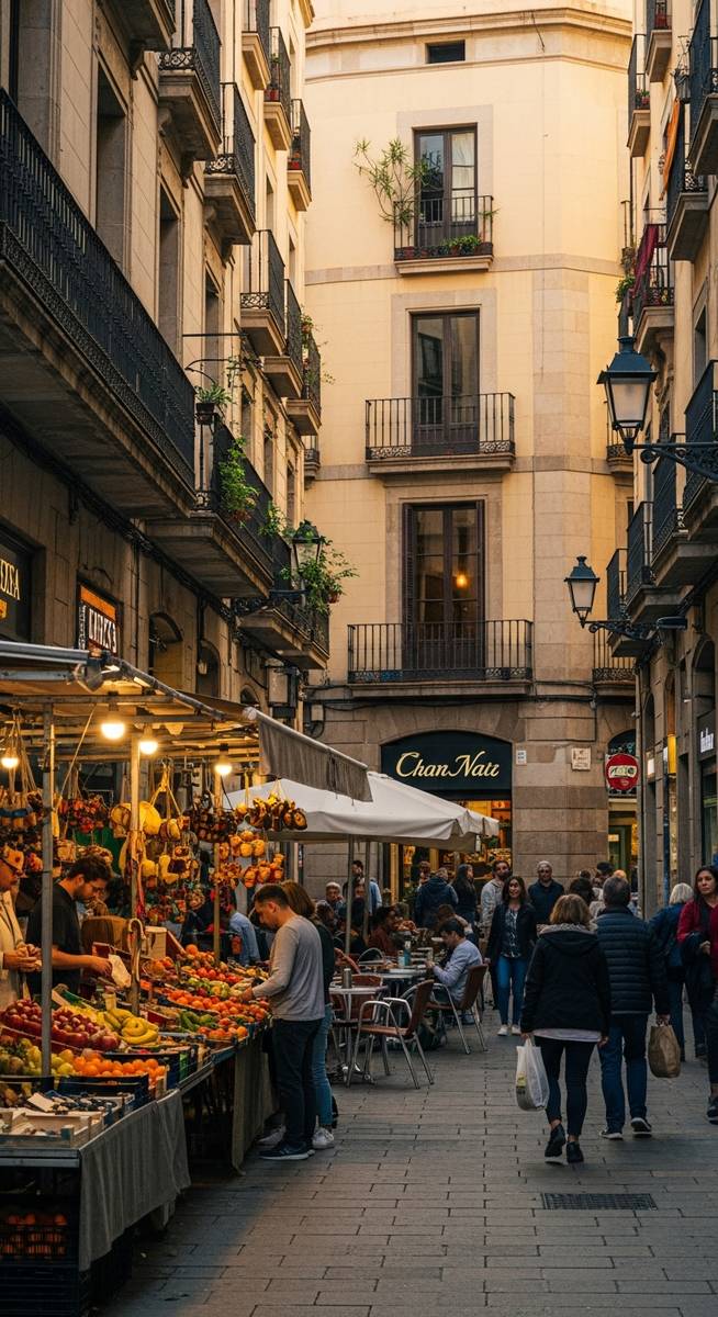 a lively Barcelona street scene showing everyday life