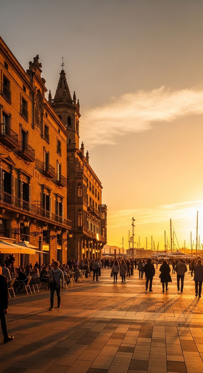 a Barcelona plaza at golden hour