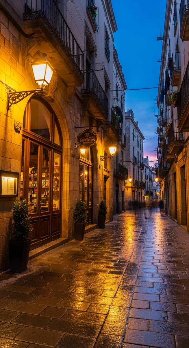 a winding Barcelona street at dusk