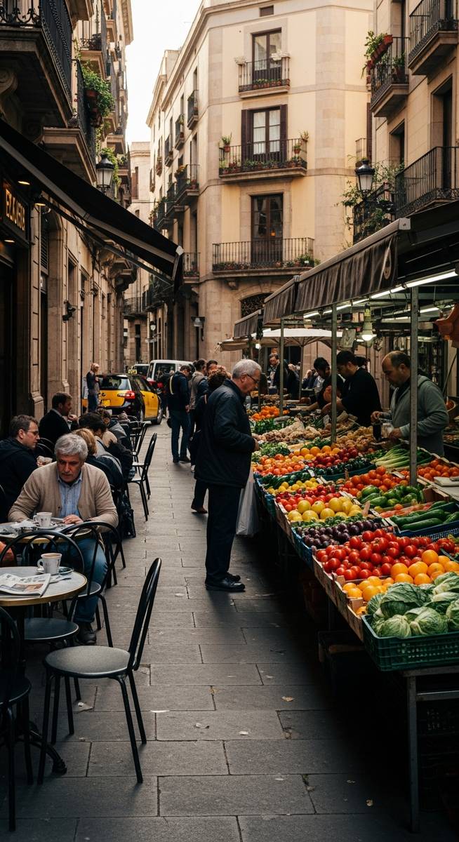 a lively Barcelona street scene showing everyday life