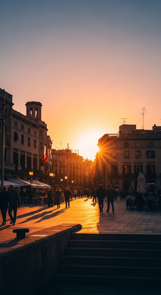 a Barcelona plaza at golden hour