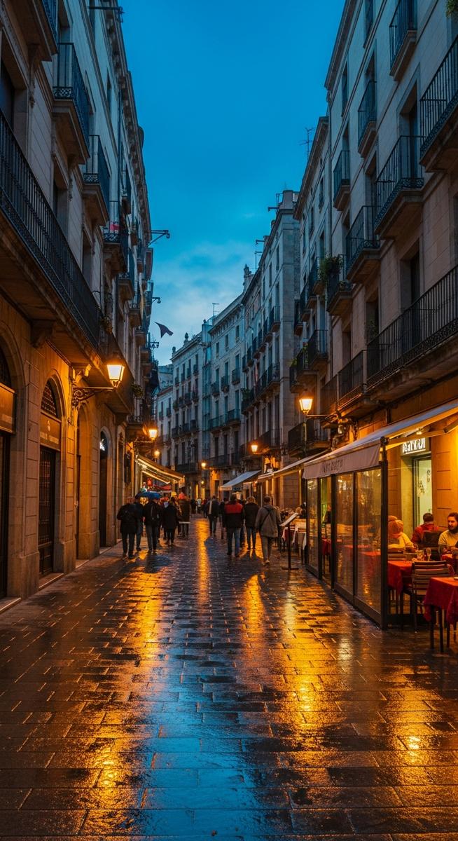 a winding Barcelona street at dusk