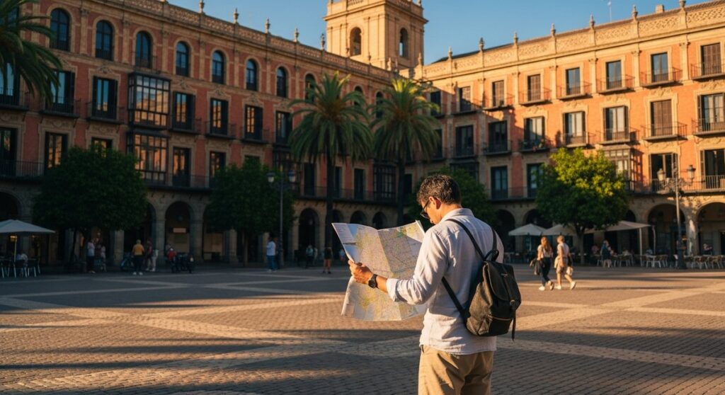 a traveller looking at a map in a sunny Spanish plaza as a reason to visit Barcelona