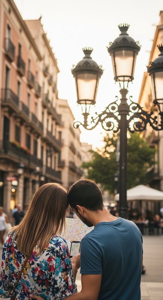 a couple looking at a map together in Barcelona