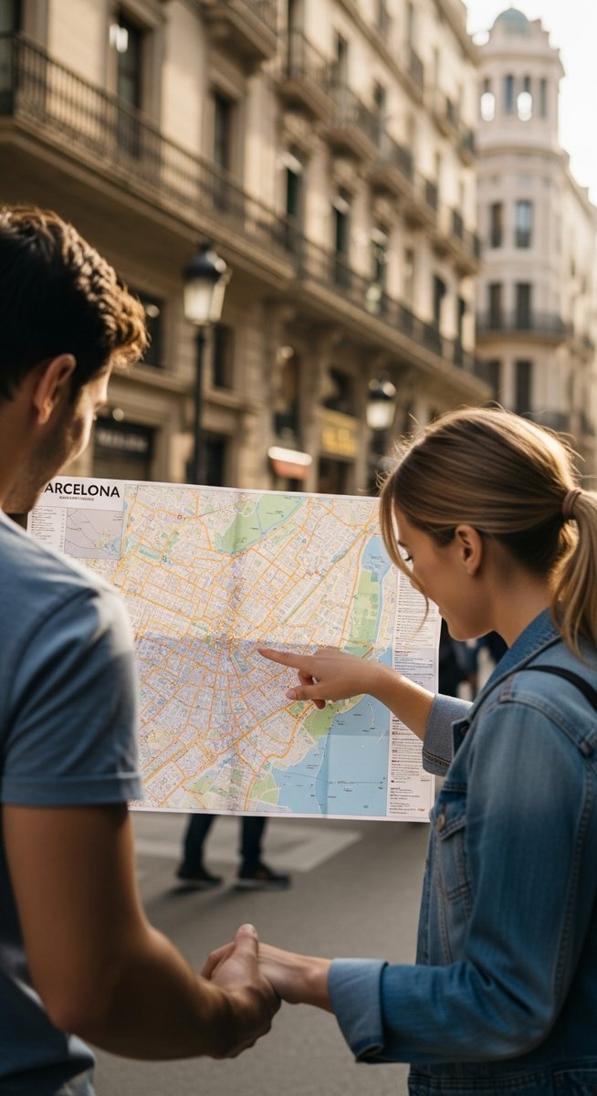 a couple looking at a map together in Barcelona