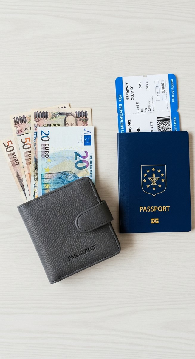 a travel wallet, passport and boarding pass flatlay