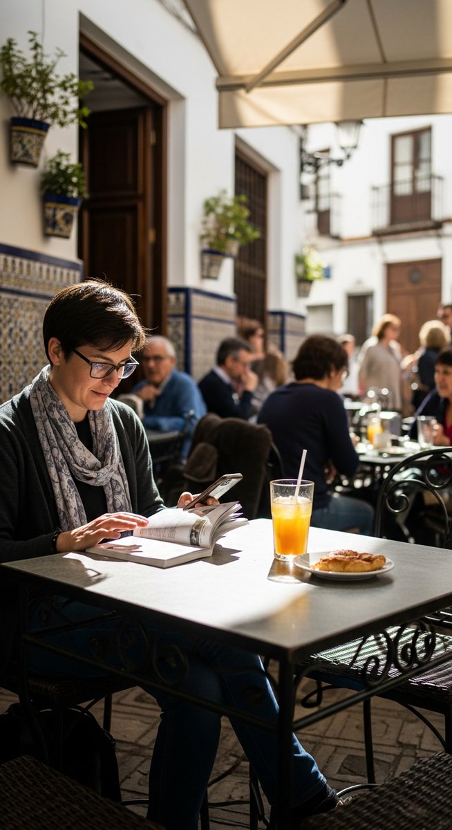 a person at an outdoor cafe in Seville with a guidebook