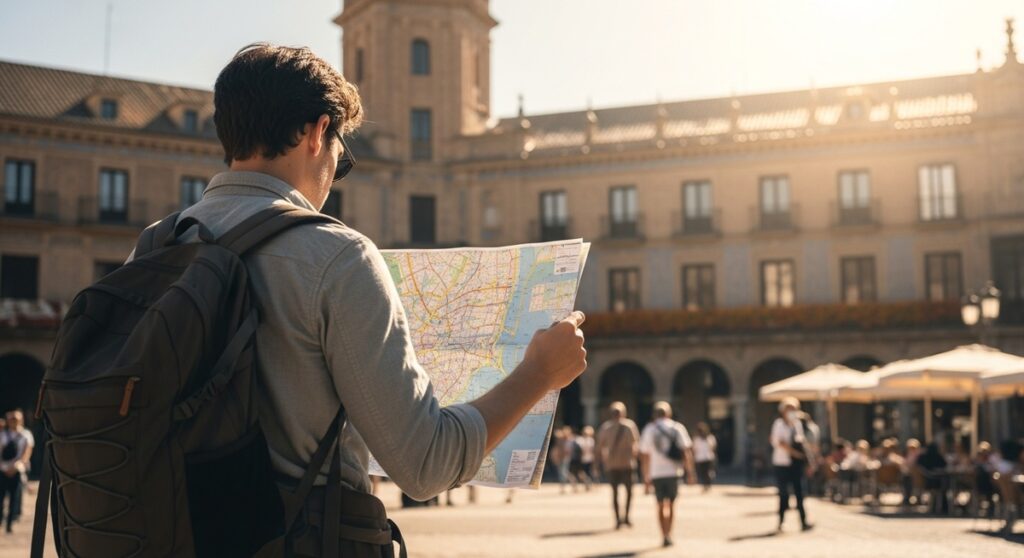 a traveller looking at a map in a sunny Spanish plaza as a reason to visit Seville