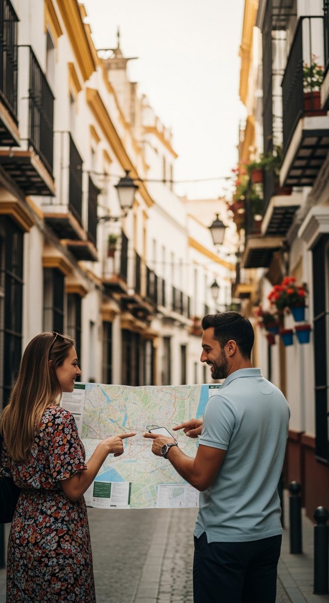 a couple looking at a map together in Seville