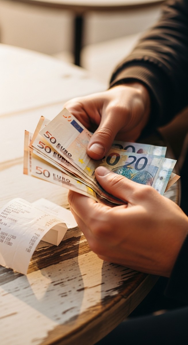 hands holding euro notes next to a cafe receipt as a reason to visit Seville
