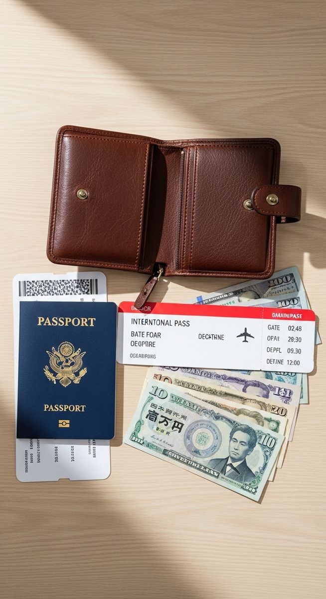 a travel wallet, passport and boarding pass flatlay