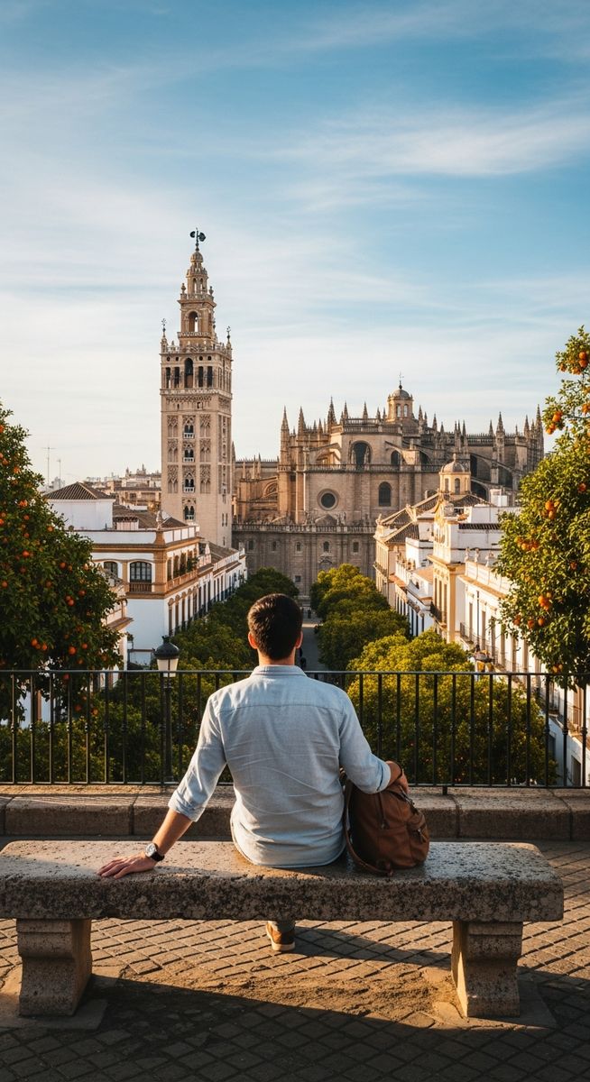 a traveller sitting on a bench in Seville as a reason to visit Seville