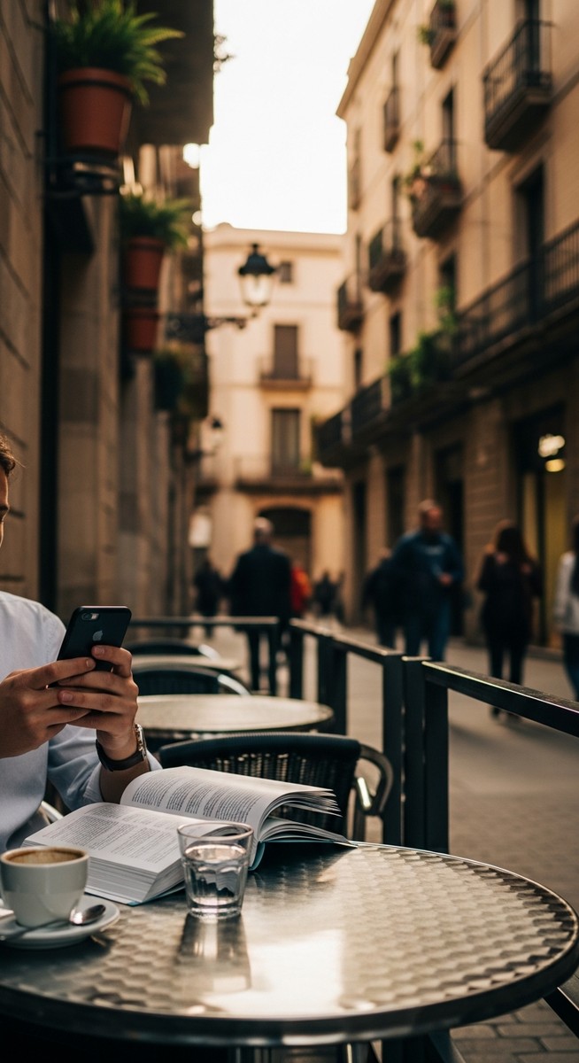 a person at an outdoor cafe in Barcelona with a guidebook