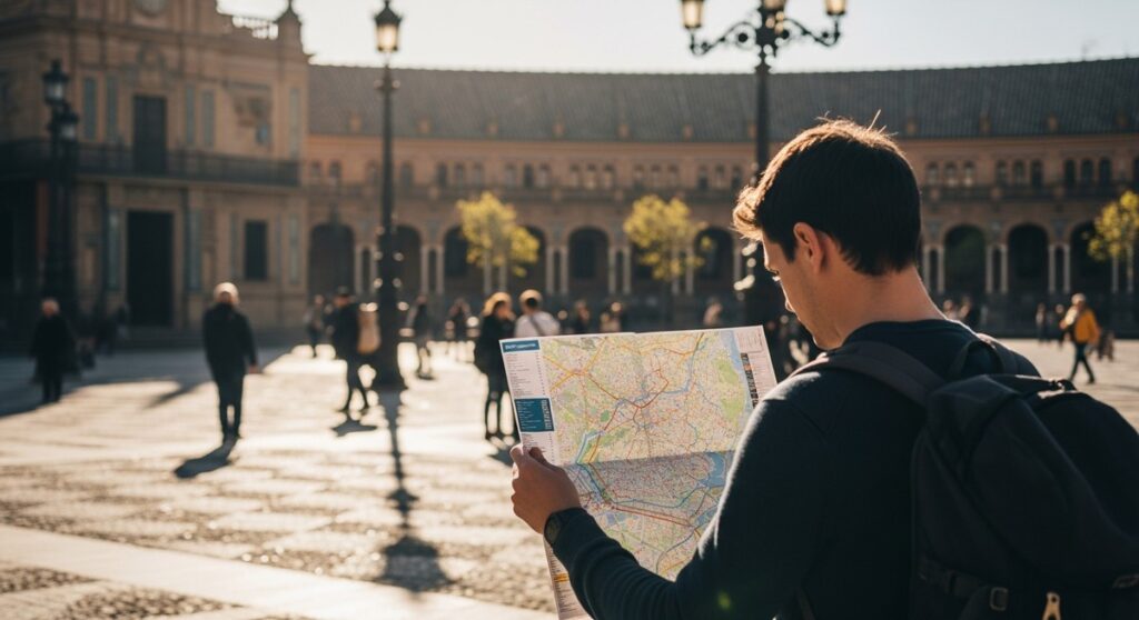 a traveller looking at a map in a sunny Spanish plaza in Barcelona