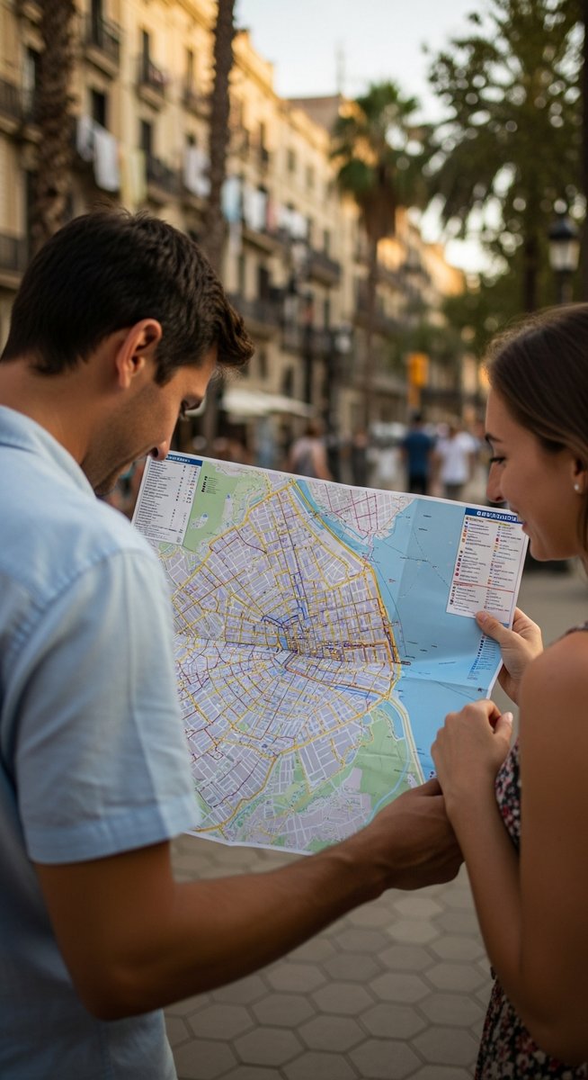 a couple looking at a map together in Barcelona