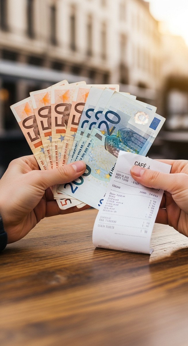 hands holding euro notes next to a cafe receipt in Barcelona