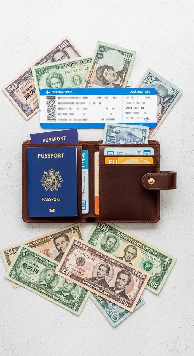 a travel wallet, passport and boarding pass flatlay