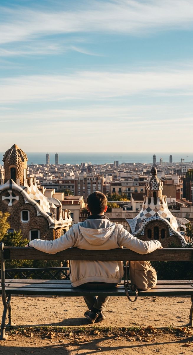a traveller sitting on a bench in Barcelona