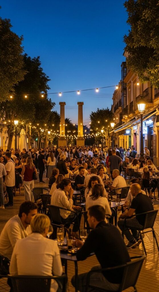 a busy street in the evening in Sevilla